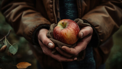 Healthy adult holding ripe apple in autumn forest farm scene generated by AI