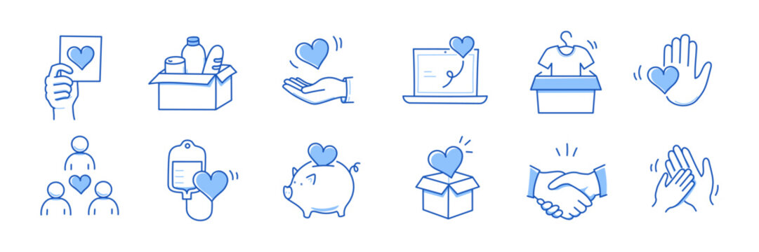 Charity hand, money, care heart doodle line icon. Charity donate, support, blood donor concept icon set. Volunteer heart, donate food hand drawn doodle sketch style line. Vector illustration