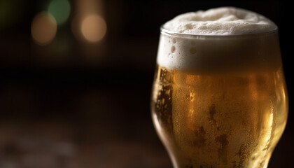 Frothy beer in gold pint glass on wood bar counter generated by AI
