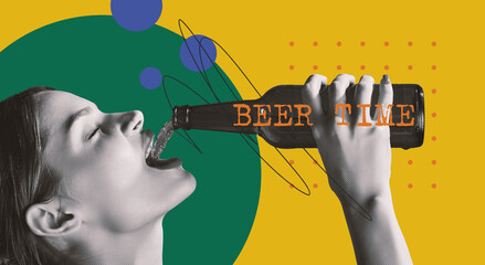 Cheerful young woman drinking beer from bottle over colorful background. Party mood. Contemporary art collage. Concept of alcohol drink, oktoberfest, taste, party, festival and leisure time, ad