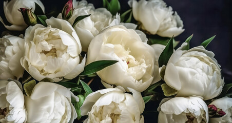 Radiant White Peonies in Full Bloom: Closeup of an Opulent Bouquet. Beautiful flower for any holiday. Lots of pretty and romantic flowers. AI generative