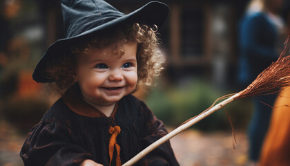 Cute toddler enjoys autumn outdoors, holding leaf, looking at camera generated by AI - obrazy, fototapety, plakaty