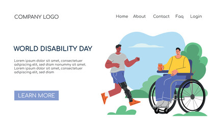 Landing page or web banner concept for World Disabled day. People with Disability, International Day of Persons with Disabilities.Diversity and Inclusion. Flat vector illustration. Vector illustration