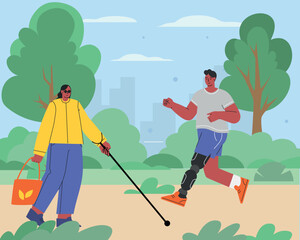 World disabled day. International Day of Persons with Disabilities. A blind woman with a cane is walking, a man with a prosthetic is running in the park. Flat character Vector illustration. Vector