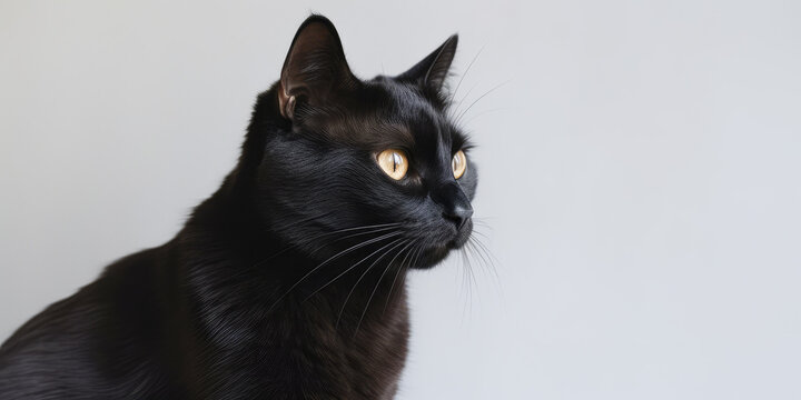 Black cat on minimal gray background with copy space. Generative AI.