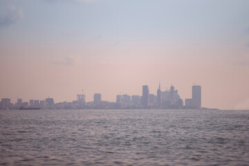 Fototapeta na wymiar View of a modern city in the sea mist.