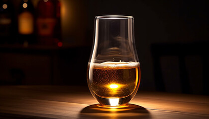 Frothy beer glass on bar table, illuminated by yellow lighting generated by AI