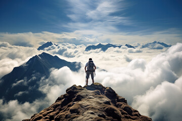 Person in the top of mountain over the clouds contemplating the landscape