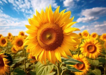 Obraz premium Sunflower Symphony: A Chorus of Blossoms Flourishing in Sunlight. Digital Illustration. Generative ai.