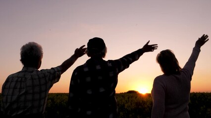 Family relatives people waving hands goodbye to sun at sunset. They standing outdoors enjoying warm summer evening. Silhouette people look to future with hope. Ritual of seeing off day.