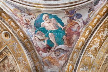 Title: NAPLES, ITALY - APRIL 20, 2023: The fresco of St. Mark the  Evanglist in cupola in church Basilica di Santa Maria degli Angeli a Pizzofalcone by Giovan Battista Beinaschi (1668 - 1675).