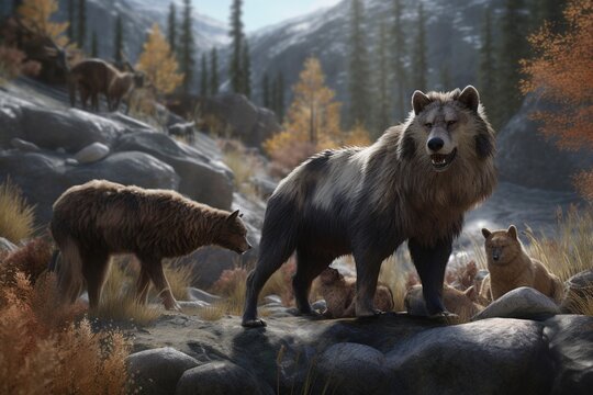 A detailed illustration of a group of wild animals, such as wolves or bears, in a breathtaking and rugged wilderness environment, Generative AI