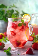 Summer strawberry lemonade on light background. Strawberry mojito with berries and mint. Strawberry smoothie with berries. Generative AI