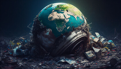 Zerstörung Planet Erde durch Mensch symbolische Darstellung Welt im Müllhaufen auf einer Müllhalde und Schrottplatz Klimawandel Umwelt Schädigung der Natur, langfristig Untergang Erde, Generative AI 