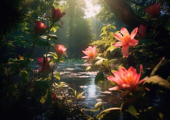 Fototapeta na wymiar Exotic Jungle Floral Delight. Digital Illustration. Generative ai.