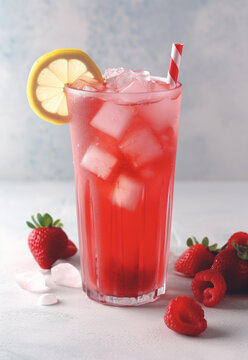 Summer strawberry lemonade on light background. Strawberry mojito with berries and mint. Strawberry smoothie with berries. Generative AI