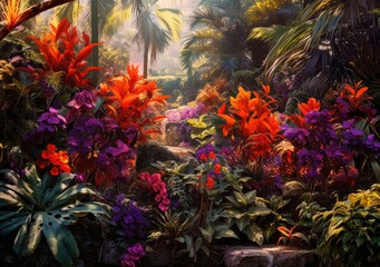 Caribbean Flora Delight: A Garden Blossom Spectacle. Digital Illustration. Generative ai.