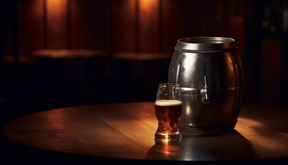 Dark whiskey barrel on shiny wood table in illuminated pub generated by AI