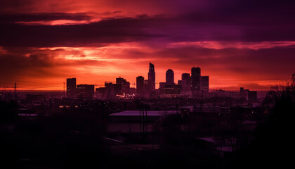 Obraz na płótnie Canvas Silhouette of urban skyline at dusk, back lit by sunset generated by AI