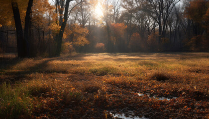Vibrant autumn forest, tranquil beauty in nature, multi colored landscape, sunlight generated by AI