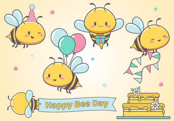 Birthday card elements, Happy bee day, birthday bee set, party elements