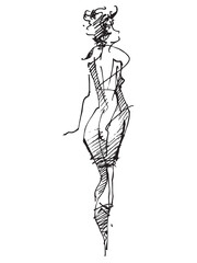 Fashion illustration. Silhouette of a beautiful woman. Line drawing of a girl. Fashion model. Female figure