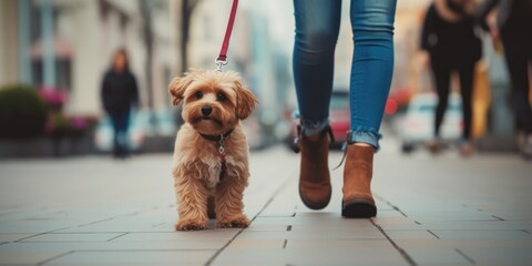 Dog walker strides with his pet on leash while walking at street pavement, generative ai - obrazy, fototapety, plakaty