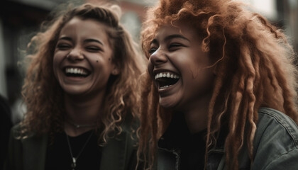Obraz premium Young adults smiling, enjoying togetherness and playful dating outdoors generated by AI