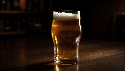 Foamy beer in a pint glass on a wooden bar counter generated by AI