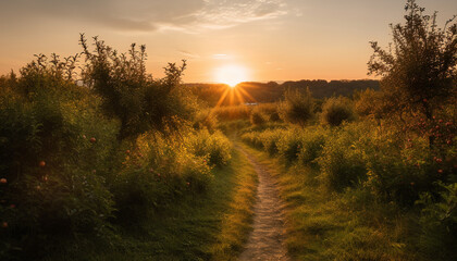 Vibrant sunset over tranquil meadow, backlit by warm sunlight generated by AI