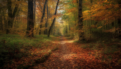 Obraz premium Tranquil autumn forest, vibrant colors, hiking on single lane road generated by AI