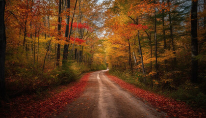 Vibrant autumn colors on tranquil rural road in forest landscape generated by AI