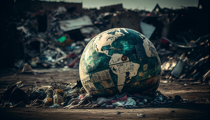 Erdball Welt Erde als Planet in der Müllhalde auf dem den Schrottplatz liegt im Müll als quasi Weltuntergang durch Klimawandel und letzte Generation symbolisch Darstellung digital Generative AI  - obrazy, fototapety, plakaty