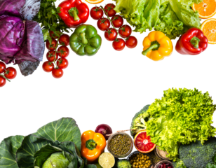 Organic colorful vegetables on isolated png background copy space flat lay presentation frame
