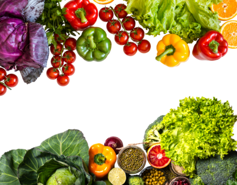 Organic colorful vegetables on isolated png background copy space flat lay presentation frame