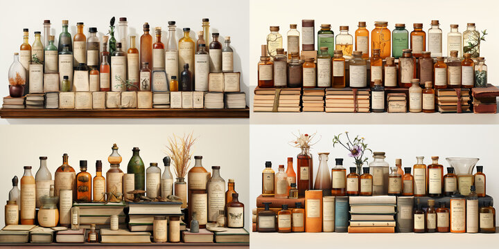 Set of vintage pharmacy bottles. Alchemical and magic preparations collection.