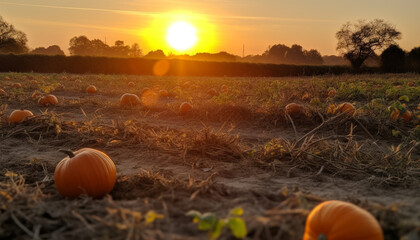 Ripe pumpkin in autumn meadow, spooky Halloween tree at dusk generated by AI