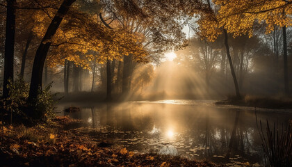 Tranquil autumn forest, vibrant colors, backlit by sunlight, beauty in nature generated by AI