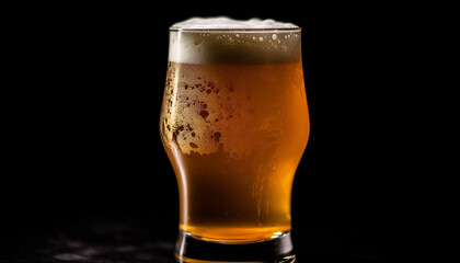 Frothy beer in pint glass, refreshing, cold, gold celebration generated by AI