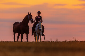 silhouette of a woman riding a horse at sunset