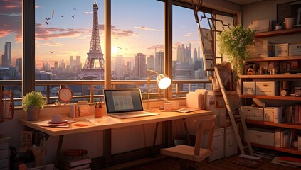 Anime inspired room with a view on the city and home office space. 