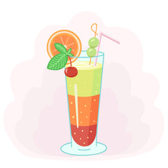 Tropical cocktail, juice and fruits. Vector Illustration for printing, backgrounds, covers and packaging. Image can be used for greeting cards, posters and stickers. Isolated on white background.