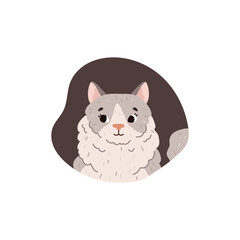 Funny domestic cat or kitten in circle frame flat vector illustration isolated.