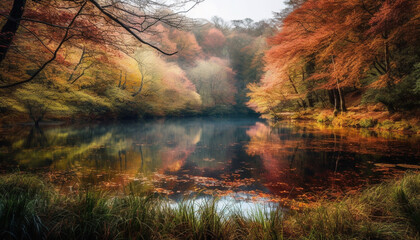 Naklejka na ściany i meble Tranquil autumn forest landscape, vibrant colors reflect in tranquil pond generated by AI