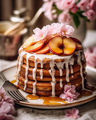 Homemade cake with peaches, white chocolate and maple syrup. Depth of field, blur. Generative AI