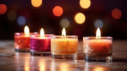 Obraz na płótnie Canvas Four Advent candles in Christmas time, Advent season. Flickering flames cast soft in the dark with bokeh, inviting glow, illuminating scene with sense of hope and joy. AI generated