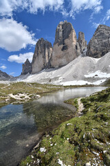 Tre Cime di Lavaredo, seen from one of the lakes of Grava Longia