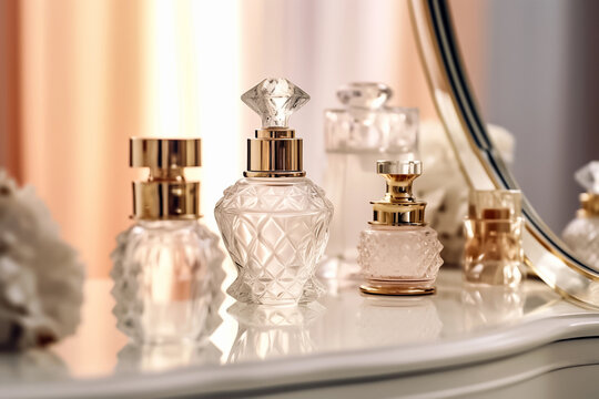 Perfume bottles on dressing table, closeup. Glamour shot, product fashion advertising photography. Generative AI