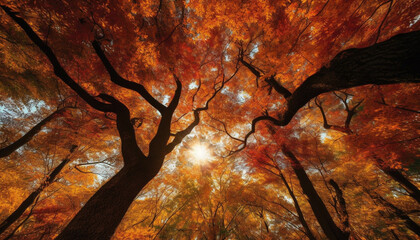 Vibrant autumn foliage illuminates tranquil forest in spooky silhouette generated by AI