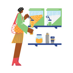 Woman buying food at bulk grocery store, flat vector illustration isolated on white background.